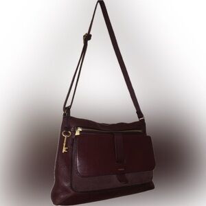 Fossil Kinley Leather Crossbody Pebbled Suede Flap Messenger Bag w Key Burgundy